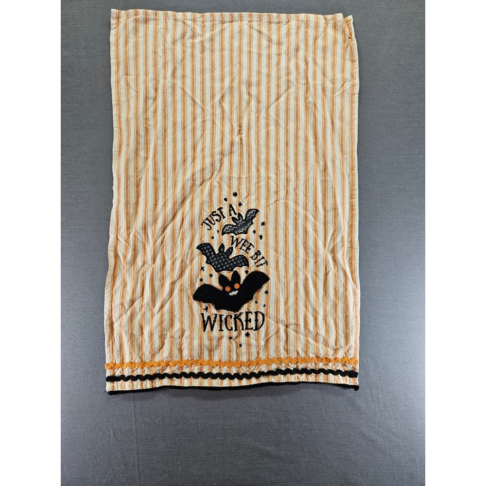 Design Imports Halloween Bat Kitchen Towel Just a Wee Bit Wicked Orange Stripe
